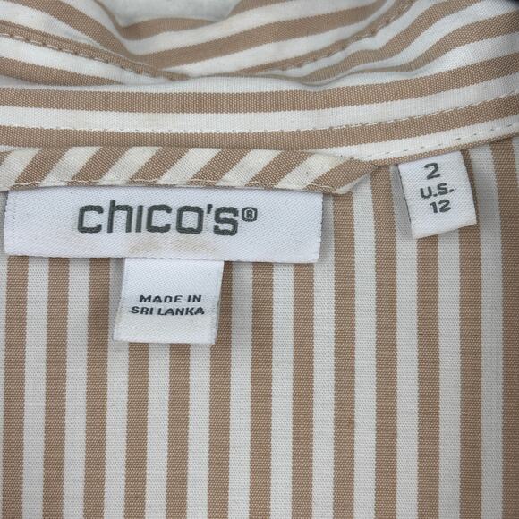 Chico's Tiered Maxi Dress Dress Size 12 Tan White Stripe Cotton Blend Belted - Picture 3 of 12